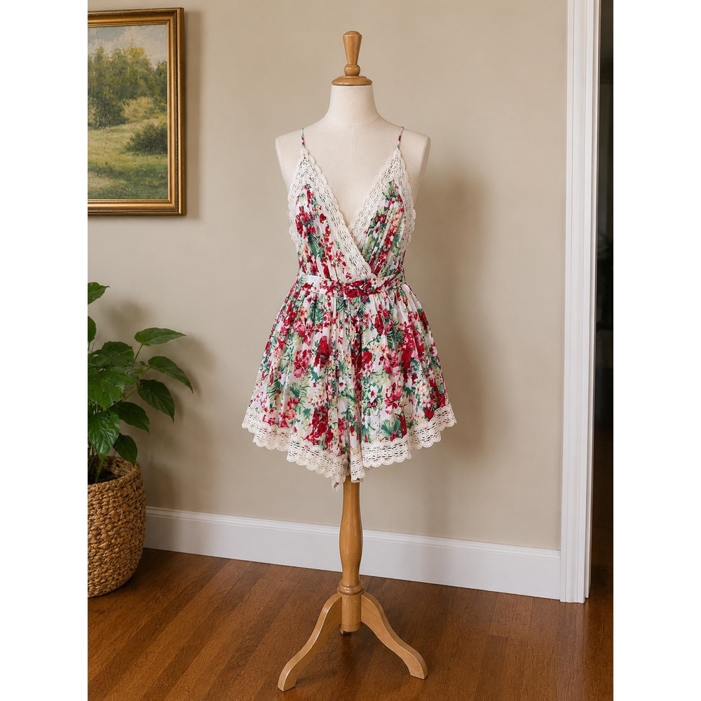 Cottagecore Floral Romper Cotton Crochet Lace Trim Size 8 Paper Heart